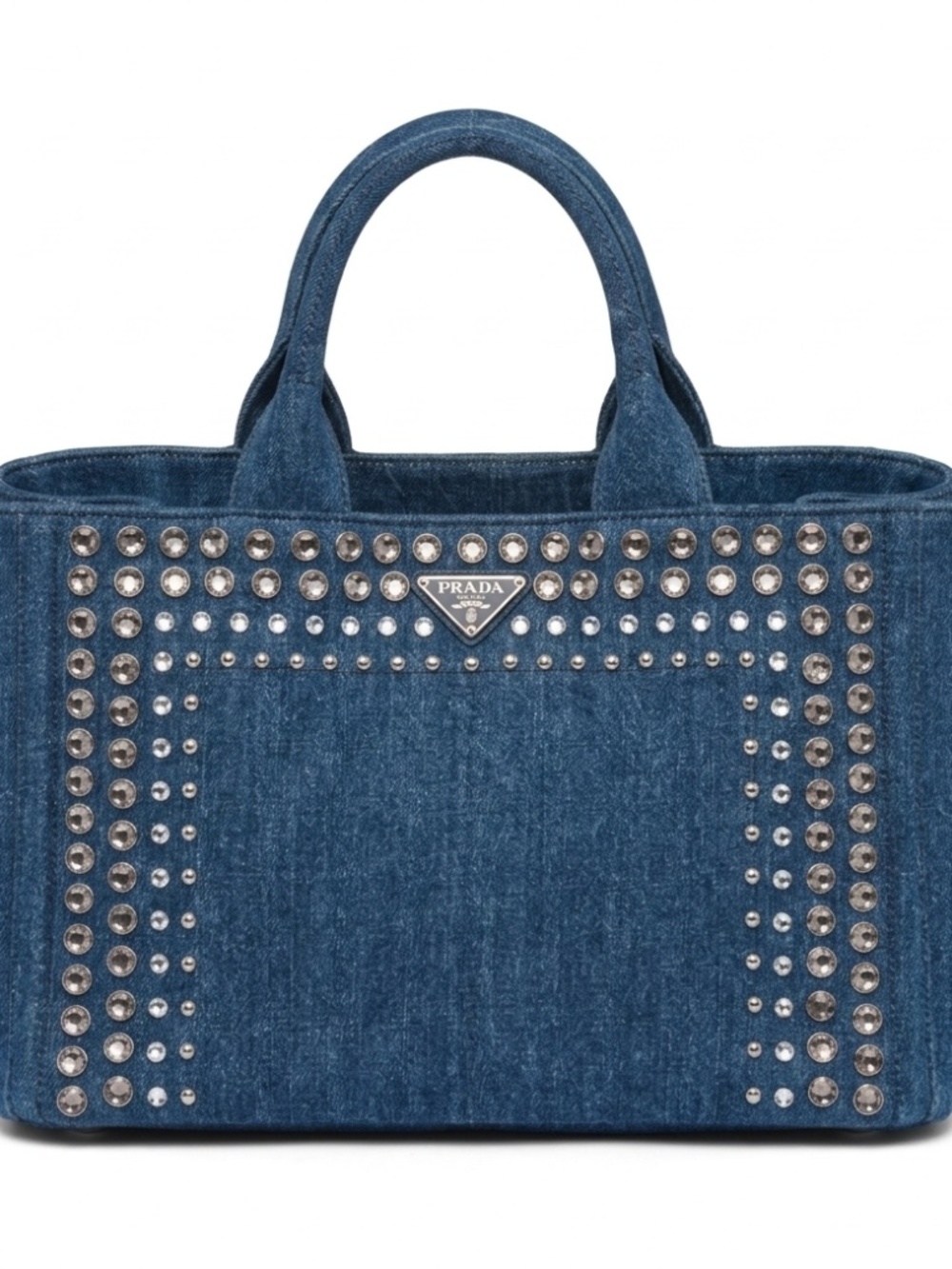 PRADA Large Canapa Bijoux Crystal Denim Tote Bag Studded Blue W/ Strap